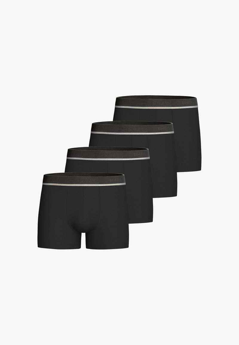 Black boxer shorts in a pack of four, featuring a gray elastic waistband with brand lettering, smooth texture, and fitted shape.