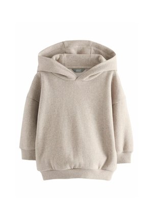 Beige hættetrøje til småbørn med lange ærmer, ribstrikkede manchetter og kant samt en stor hætte, lavet af blødt stof.