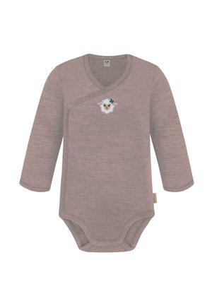 Long-sleeve baby bodysuit in soft mauve fabric. Features a wrap design, snap buttons, and an embroidered sheep motif on the chest.