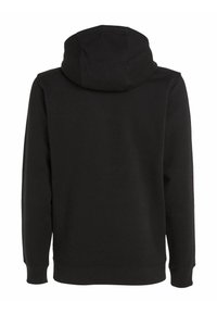 Felpa nera con cappuccio caratterizzata da un cappuccio spazioso, maniche lunghe, polsini e orlo a coste. Tessuto morbido e spesso senza motivi o loghi visibili.