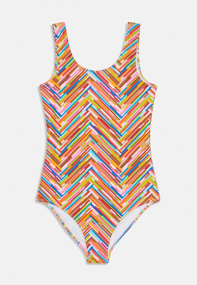Maillot de bain une pièce avec un motif zigzag coloré dans les tons rose, orange, bleu et vert. Fabriqué à partir d'un matériau extensible et lisse avec des bretelles larges.