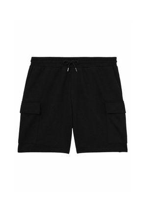 Pantalones cortos de algodón negro con una cinturilla elástica, cierre de cordón y dos bolsillos laterales tipo cargo; textura suave y diseño a la altura de la rodilla.