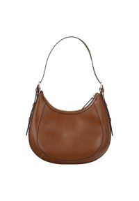 Borsa a tracolla in pelle marrone dalla forma curva, con chiusura a zip e cinturini decorativi su entrambi i lati. Texture liscia e cuciture minimali.