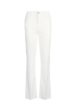 Jeans bianchi a palazzo in denim con una texture liscia. Presentano tasche e chiusura con bottone frontale. Design pulito senza decorazioni.