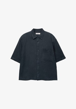 Dark blue short-sleeve button-up shirt made of lightweight fabric, featuring a chest pocket and a classic collar design.
