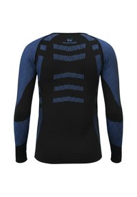 Long-sleeve athletic shirt in black and blue, featuring a fitted design, textured accents, and a patterned back with contrast details.