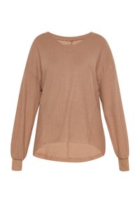 Waffelstrick Langarmshirt in Hellbraun mit V-Ausschnitt, überschnittenen Schultern und abgerundetem Saum, ausgestattet mit elastischen Bündchen.