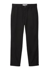 Chino neri con taglio dritto, realizzati in tessuto di cotone. Presentano tasche laterali e una chiusura con un solo bottone, texture liscia e senza motivi visibili.
