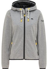 Sweat à capuche zippé gris en matériau doux avec une doublure noire, des accents de cordon de serrage jaune, deux poches zippées et un logo d'ombrelle.