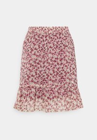 Bloemenrok van een lichtgewicht, doorschijnende stof. Heeft een gerimpelde zoom, een gerimpelde tailleband en een patroon van roze en paarse bloemen op crèmekleurige achtergrond.