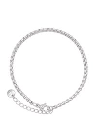 Bracciale in argento con anelli intrecciati, dotato di chiusura a molla e di un prolungamento della catena regolabile con un ciondolo rotondo.
