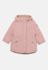 Giacca con cappuccio rosa realizzata in tessuto testurizzato, dotata di due tasche frontali con chiusura a scatto e foderata con un morbido materiale per garantire calore.