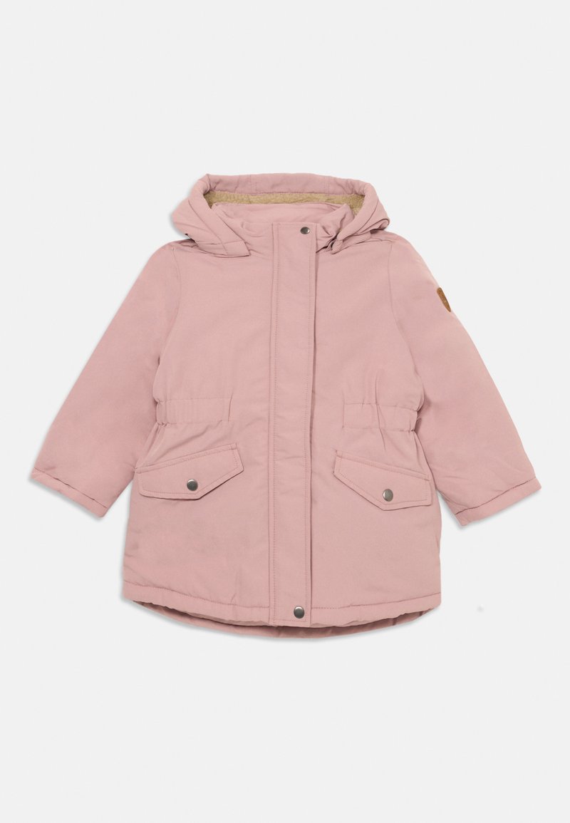 Roza kapuca jakna z teksturirano tkanino, dvema sprednjima žepoma s pritrdilnimi gumbi in mehkimi podlogami za toploto.