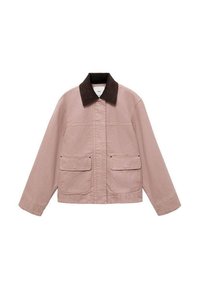 Giacca rosa polveroso con colletto in corduroy marrone, dotata di tasche frontali e design squadrato. Realizzata in tessuto resistente, adatta per l'abbigliamento informale.