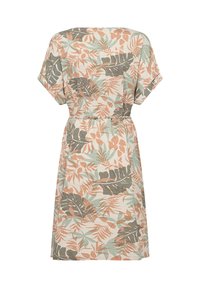 Blomsterdekoreret kjole med korte ærmer, snøret talje og afslappet pasform. Har bløde nuancer af mint, fersken og sort på tekstureret stof.