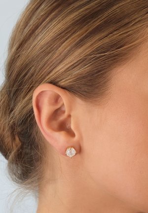 Gold stud earrings with a clear, round crystal centerpiece surrounded by a petal-like design, set against a neutral background.