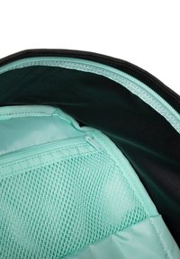 Interno di uno zaino nero che presenta una tasca in rete di un delicato verde menta con cerniera e una fodera liscia verde menta, enfatizzando i compartimenti funzionali.