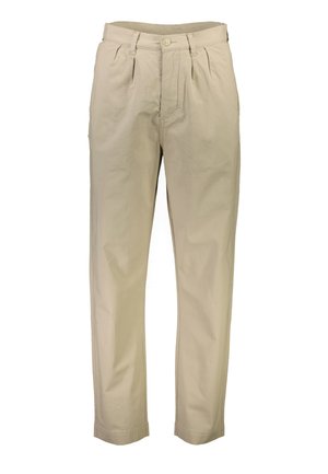 Beige Hose aus weichem Stoff mit entspannter Passform, Falten an der Taille, Knopfverschluss und geraden Beinen.