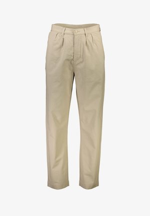 Beige Hose aus weichem Stoff mit entspannter Passform, Falten an der Taille, Knopfverschluss und geraden Beinen.