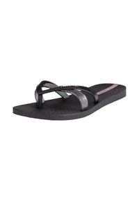 Schwarze Flip-Flop-Sandale mit glitzernden Riemen und strukturiertem Fußbett. Verfügt über ein schlankes Design mit einem dezenten rosafarbenen Akzent auf der Sohle.