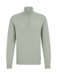 Svijetlozeleni pulover s teksturom i ovratnikom na patentni zatvarač. Ima rebraste manžete i rub. Jednostavan dizajn bez uzoraka ili logotipa.
