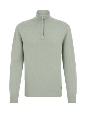 Světlounce zelený texturovaný pulovr se zipovým límcem. Má žebrované manžety a spodní lem. Jednoduchý design bez vzorů nebo log.