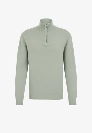 Vaaleanvihreä, teksturoitu pusero vetoketjullisella kauluksella. Varustettu resoroiduilla hihoilla ja helmalla. Yksinkertainen muotoilu ilman kuvioita tai logoja.