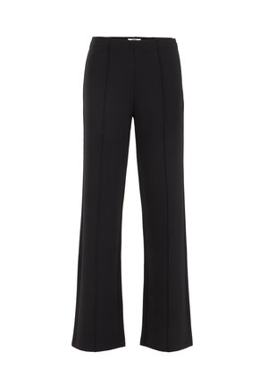 Black wide-leg trousers made of smooth fabric. Features vertical seams down the front, a flat waistband, and no visible pockets.