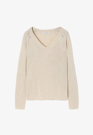 Maglione beige a scollo a V realizzato in morbido tessuto a maglia, con maniche lunghe e vestibilità rilassata. La texture è liscia con un leggero motivo melangiato.