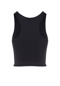 Zwarte cropped tanktop met een soepele textuur, brede armsgaten en een ronde halslijn, ontworpen voor comfort en flexibiliteit.