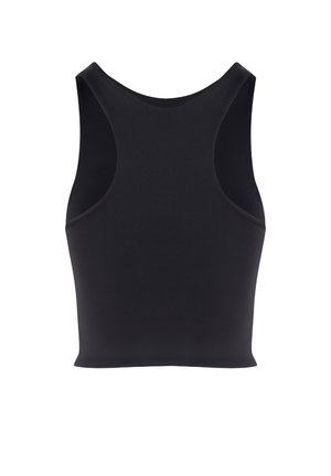 Czarny krótki top na ramiączkach o gładkiej fakturze, szerokich wycięciach na ramionach i zaokrąglonym dekolcie, zaprojektowany z myślą o komforcie i elastyczności.