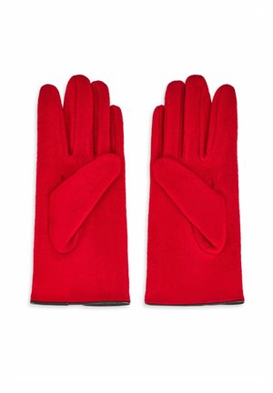 Czerwone wełniane rękawice o gładkiej fakturze, z zaokrąglonymi końcówkami i miękkim akcentem przy nadgarstku.