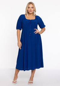 Blauwe jurk tot de knie met een vierkante halslijn, puffmouwen en een verstelbaar trekkoord in de taille. Glad, lichtgewicht stof.