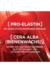 Red promotional graphic featuring bold white text about Pro-Elastin and Cera Alba, against a textured red background with a leaf detail.