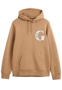 Felpa cappucciata marrone realizzata in misto cotone, dotata di tasca frontale e di un logo ricamato 'GANT G' sul lato sinistro del petto.