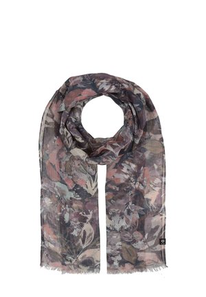 Sciarpa a fantasia floreale in tessuto leggero e trasparente. Presenta colori tenui di rosa, grigio e verde con dettagli frangiati e etichetta con logo.