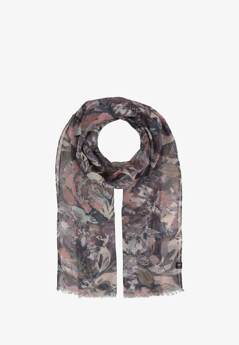 Écharpe à motif floral en tissu léger et transparent. Présente des couleurs atténuées de rose, gris et vert, avec des détails frangés et une étiquette de logo.