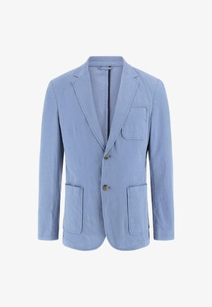 Light blue linen jacket with a notch lapel, two front pockets, one chest pocket, and two buttons. Soft texture with a casual design.