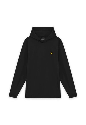 Schwarzer Kapuzenpullover mit langen Ärmeln, kleinem gelbem Vogel-Logo auf der linken Brust und einer taillierten, strukturierten Kapuze.