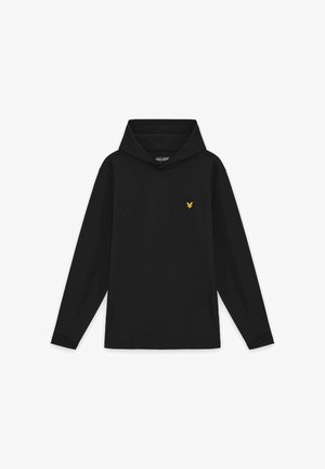 Schwarzer Kapuzenpullover mit langen Ärmeln, kleinem gelbem Vogel-Logo auf der linken Brust und einer taillierten, strukturierten Kapuze.