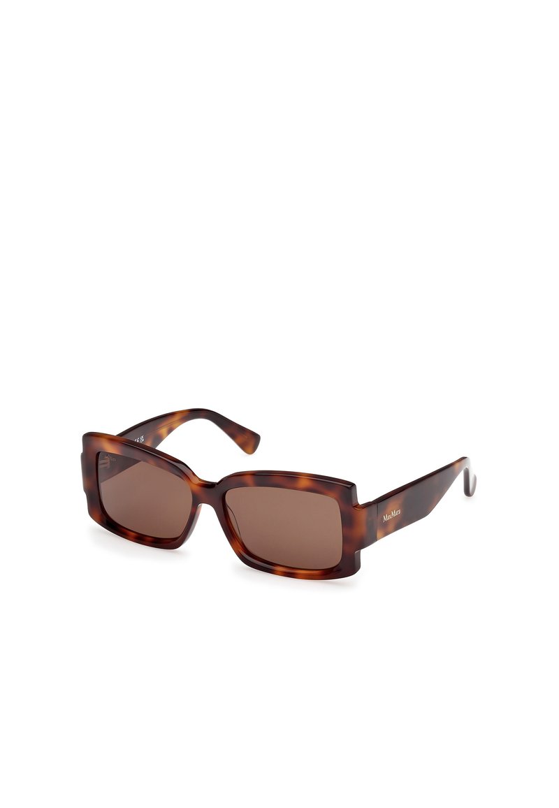 Tortoiseshell sunglasses with rectangular brown lenses, thick plastic frames, and subtle logo accent on the side.