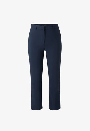 Pantaloni blu navy con taglio dritto, caratterizzati da un fronte piatto, due tasche laterali e una texture di tessuto liscia e leggera.