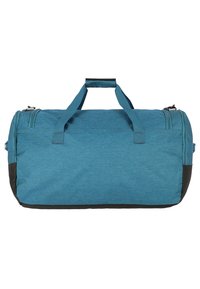 Bolsa de deporte en color azul verdoso con fondo negro, textura de tela, dos asas resistentes, dos compartimentos con cremallera y una base plana para estabilidad.