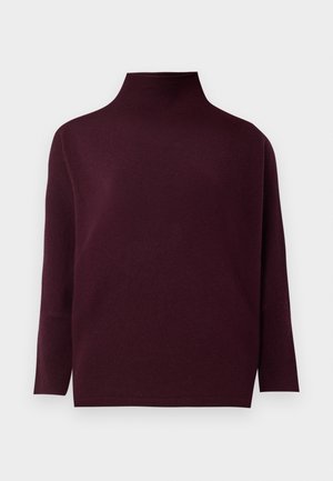 Pull en turtleneck bourgogne en tissu doux, à manches longues, coupe légèrement ample, ourlet et poignets côtelés, couleur unie avec texture lisse.