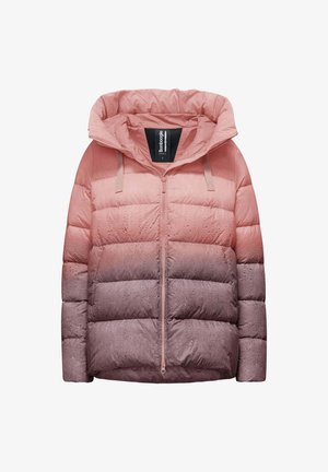 Giubbotto imbottito con un design gradiente che va dal rosa chiaro al malva, dotato di cappuccio, chiusura con zip e tessuto testurizzato con pattern sottili.