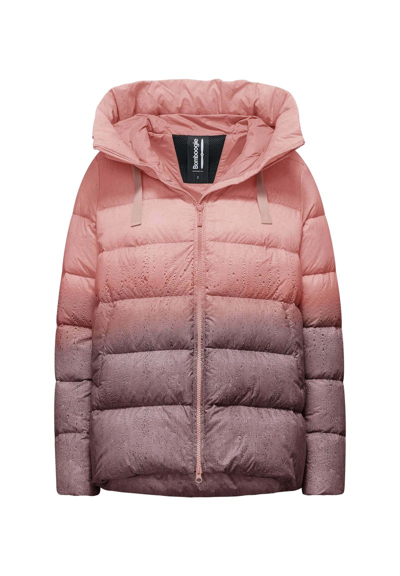 Giubbotto imbottito con un design gradiente che va dal rosa chiaro al malva, dotato di cappuccio, chiusura con zip e tessuto testurizzato con pattern sottili.