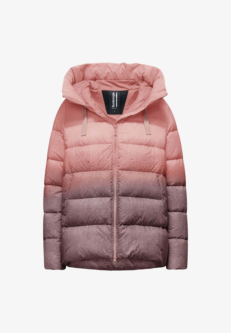 Gewatteerde jas met een gradient ontwerp van lichtroze naar mauve, voorzien van een capuchon, ritssluiting aan de voorkant en een textiel met subtiele patronen.