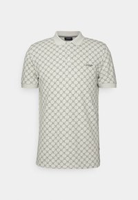 Polo beige à manches courtes avec motif chaîne géométrique et logo "JOOP!" sur la poitrine gauche, patte de boutonnage à trois boutons et col et poignets côtelés.