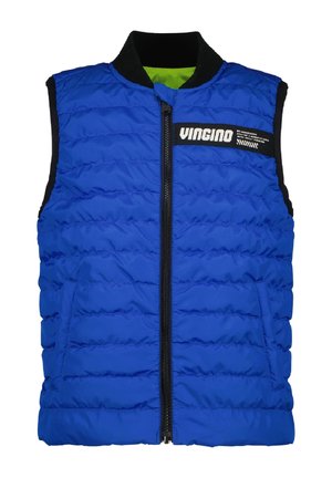 Blaue gesteppte ärmellose Weste mit schwarzem Kragen, Reißverschluss vorne, Seitentaschen und "VINGINO"-Etikett auf der oberen linken Brust.