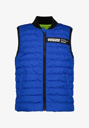 Gilet imbottito blu senza maniche con colletto nero, zip frontale, tasche laterali e etichetta "VINGINO" sul petto in alto a sinistra.
